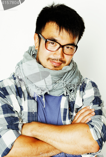 Image of young handsome asian man hipster in glasses on white background,
