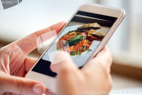 Image of hands with gazpacho soup photo on smartphone at restaurant