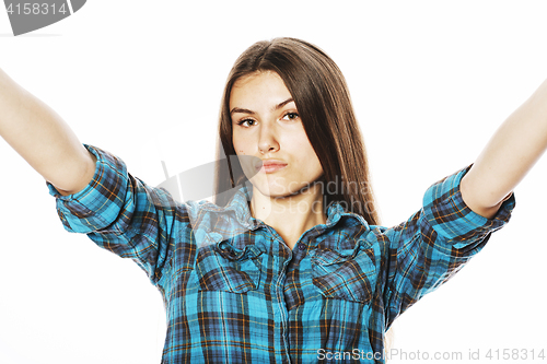 Image of cute teenage girls making selfie isolated