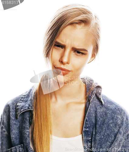 Image of young blond woman on white backgroung gesture thumbs up, isolate