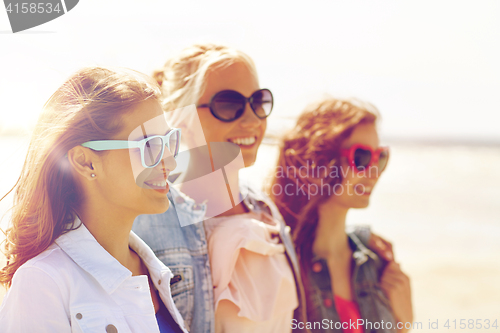 Image of group of smiling women in sunglasses on beach