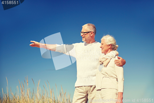 Image of happy senior couple pointing finger to something