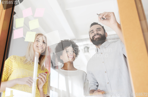 Image of happy creative team writing on stickers at office