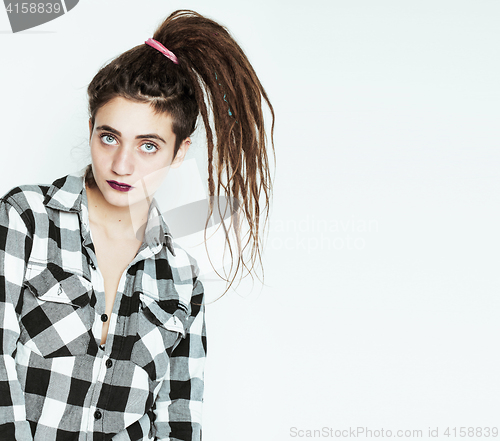 Image of real caucasian woman with dreadlocks hairstyle funny cheerful fa