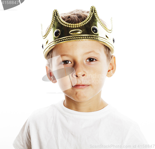 Image of little cute boy wearing crown isolated close up on white