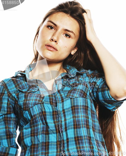 Image of young pretty woman posing on white background isolated emotional