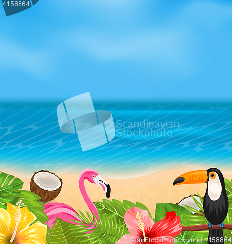 Image of Exotic Background with Toucan, Pink Flamingo