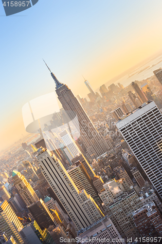 Image of New York City Manhattan skyline in sunset.