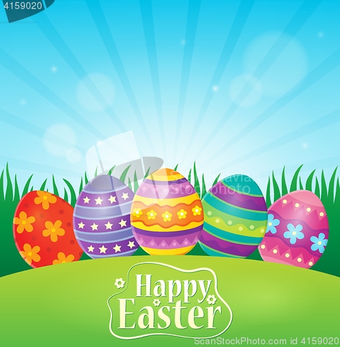 Image of Happy Easter theme with decorated eggs