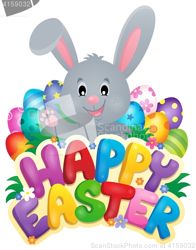 Image of Happy Easter sign with bunny and eggs