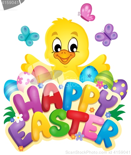 Image of Happy Easter sign with chicken and eggs