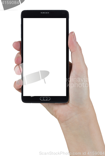 Image of Female Hand Holding Smart Phone with Blank Screen on White