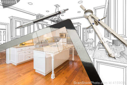 Image of Computer Tablet, Drafting Tools With Kitchen Drawing and Photogr