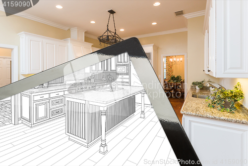 Image of Computer Tablet Showing Drawing of Kitchen Photograph Behind