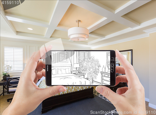 Image of Hands Holding Smart Phone Displaying Drawing of Bedroom Photo Be