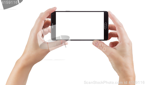 Image of Female Hands Holding Smart Phone with Blank Screen on White