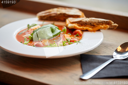 Image of plate of delicious gazpacho soup at restaurant