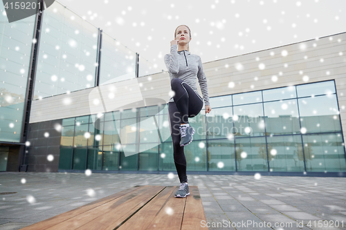 Image of woman making step exercise on city street bench