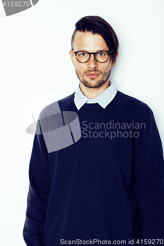 Image of handsome middle age hipster man with modern hairstyle and tattoo, beard, close up on white background