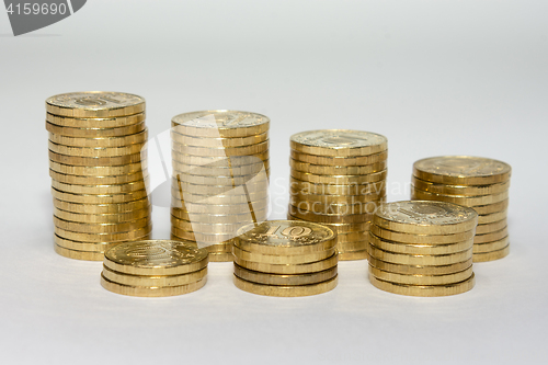 Image of Seven columns of coins Russian ten-coin set in two rows showing the growth of savings