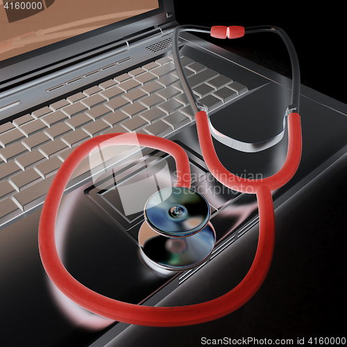 Image of silver laptop diagnosis with stethoscope. 3D illustration