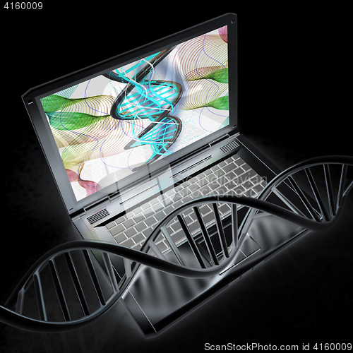 Image of Laptop with dna medical model background on laptop screen. 3d il