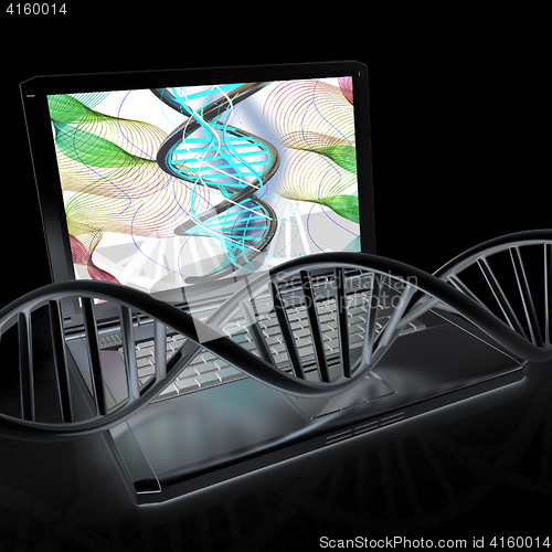 Image of Laptop with dna medical model background on laptop screen. 3d il