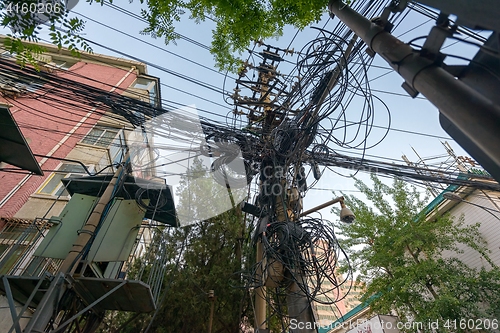 Image of Large mount of power cables on wooden pylon