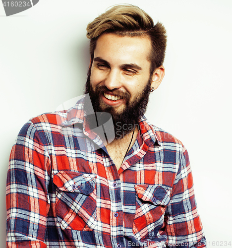 Image of young handsome hipster bearded guy looking brutal isolated on white background, lifestyle people concept