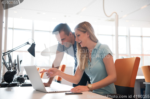 Image of Group of young people employee workers with computer