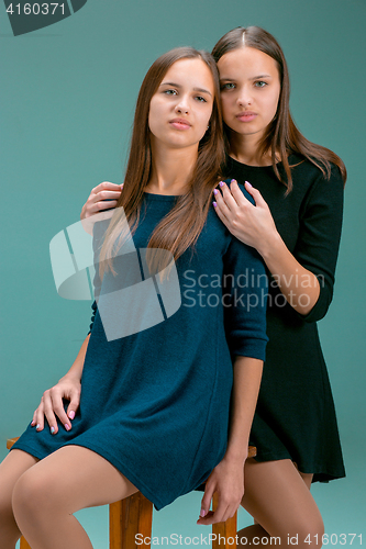 Image of Portrait of two beautiful twin young women