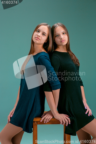 Image of Portrait of two beautiful twin young women