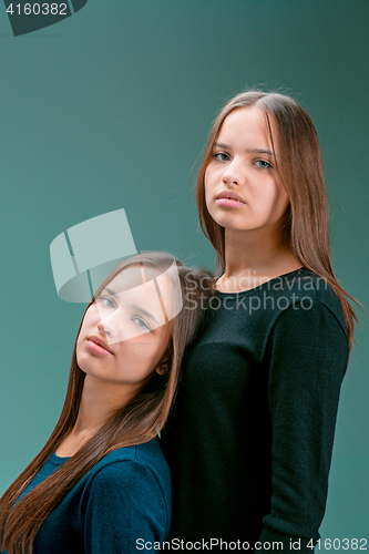 Image of Portrait of two beautiful twin young women