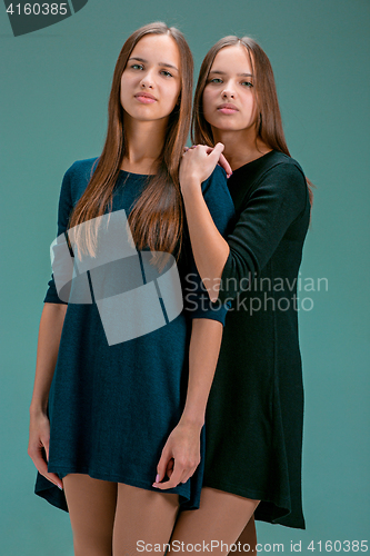 Image of Portrait of two beautiful twin young women