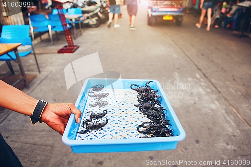Image of Thai vendor showing roasted scorpio