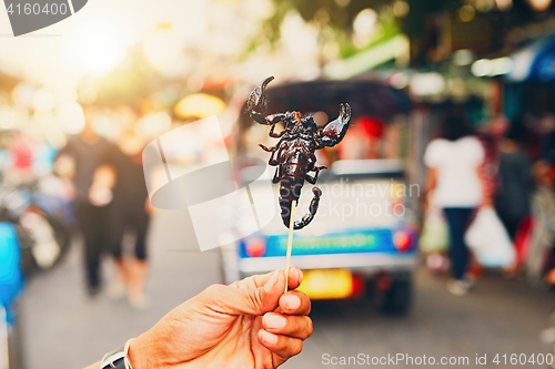 Image of Thai vendor showing roasted scorpio