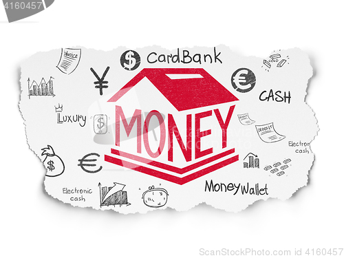 Image of Money concept: Money Box on Torn Paper background