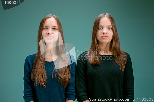 Image of Portrait of two beautiful twin young women