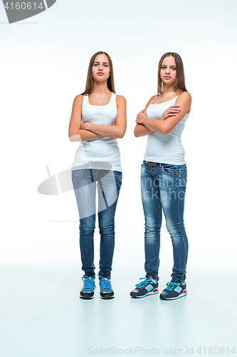 Image of Portrait of two beautiful twin young women