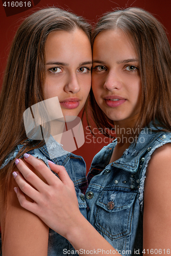 Image of Portrait of two beautiful twin young women