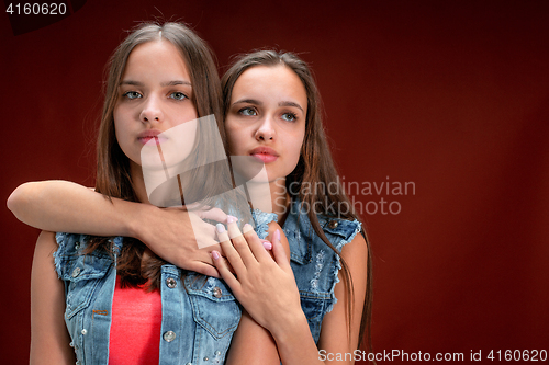 Image of Portrait of two beautiful twin young women