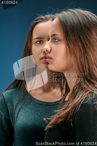 Image of Portrait of two beautiful twin young women