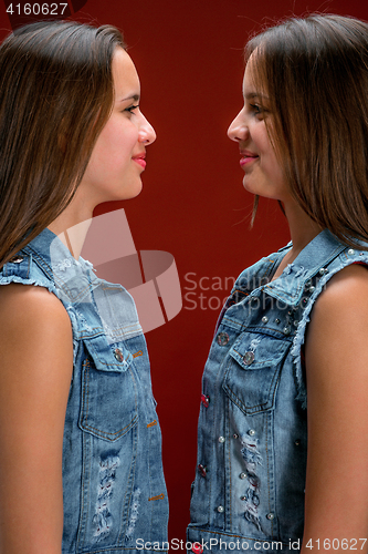 Image of Portrait of two beautiful twin young women