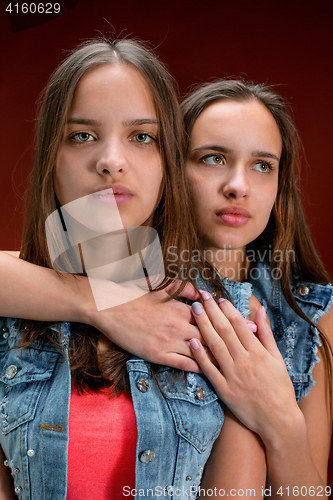 Image of Portrait of two beautiful twin young women