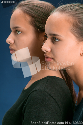 Image of Portrait of two beautiful twin young women