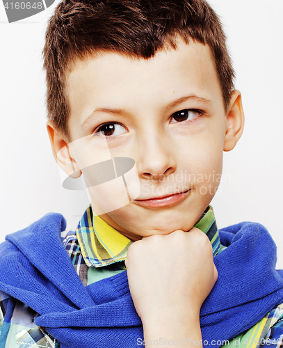 Image of young pretty little cute boy kid wondering, posing emotional face isolated on white background, gesture happy smiling close up, lifestyle people concept