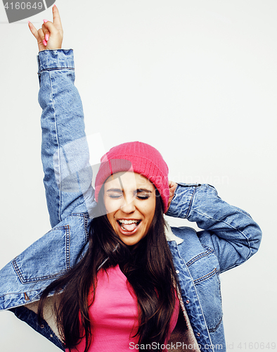 Image of young happy smiling latin american teenage girl emotional posing on white background, lifestyle people concept 