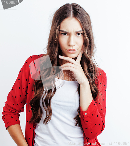 Image of young pretty stylish hipster girl posing emotional isolated on white background happy smiling cool smile, lifestyle people concept