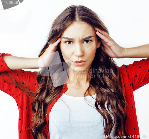 Image of young pretty stylish hipster girl posing emotional isolated on white background happy smiling cool smile, lifestyle people concept 