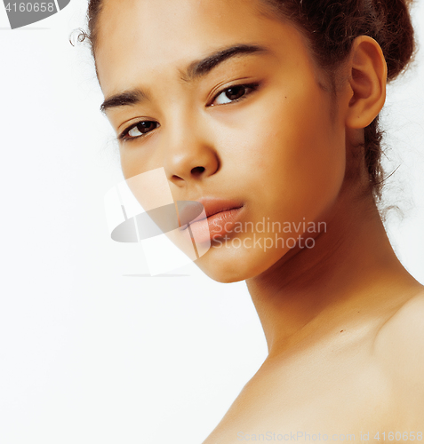 Image of young pretty african american woman close up isolated on white background, asian mulatto tanned nude makeup, lifestyle spa real people concept